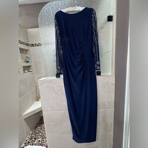 MARINA Navy Long Sleeve Evening Gown with Beaded Sleeves
